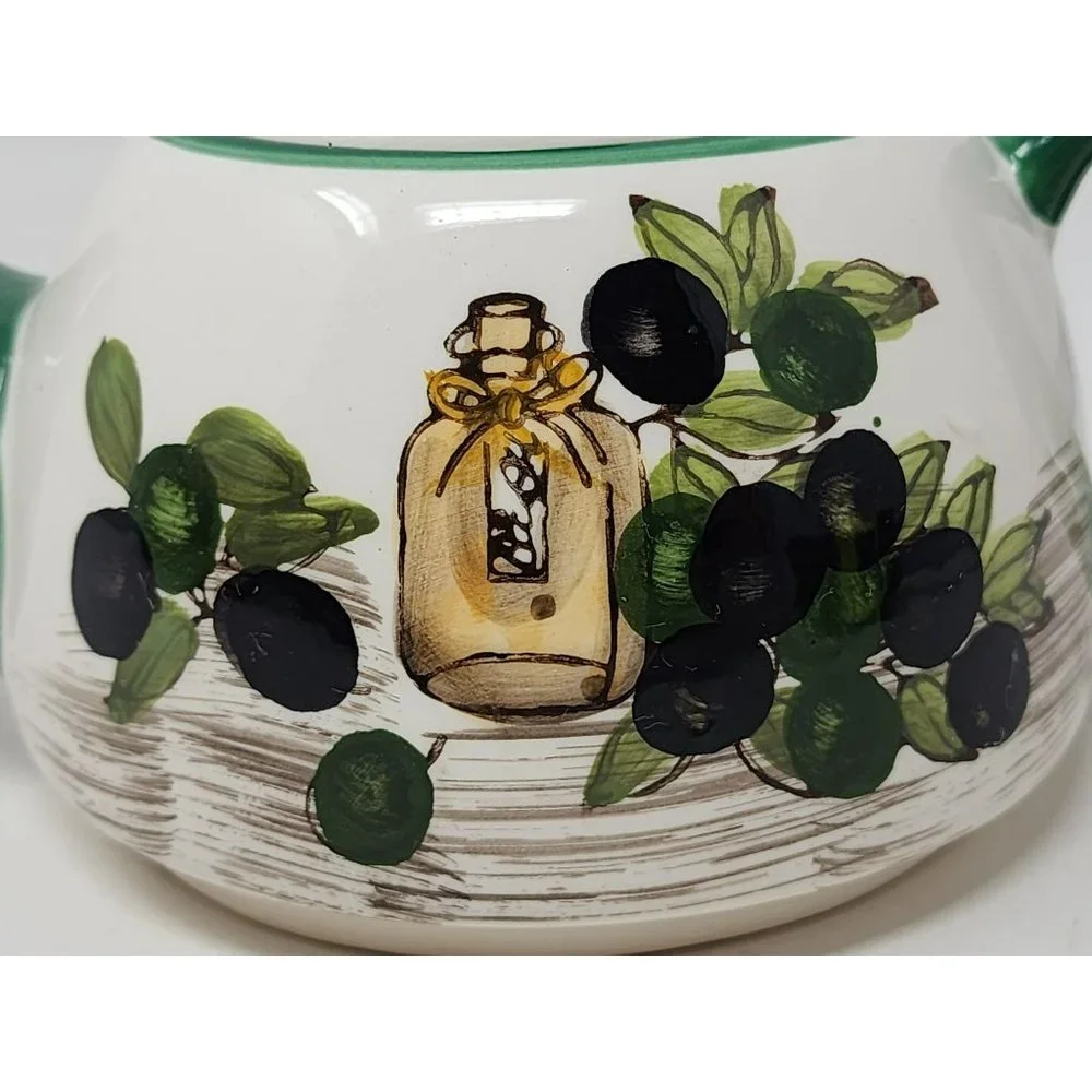 Vintage Single Serve Teapot Black‎ Olives Leaves GreenBlackBrownWhite Unmarked